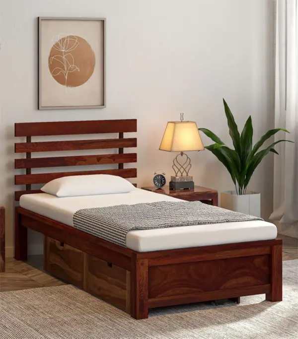 Strigen Sheesham Wood Single Bed with Drawer Storage (Honey Oak Finish)