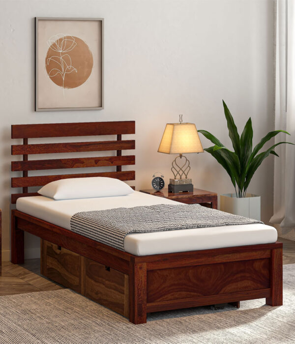 Strigen Sheesham Wood Single Bed with Drawer Storage (Honey Oak Finish)