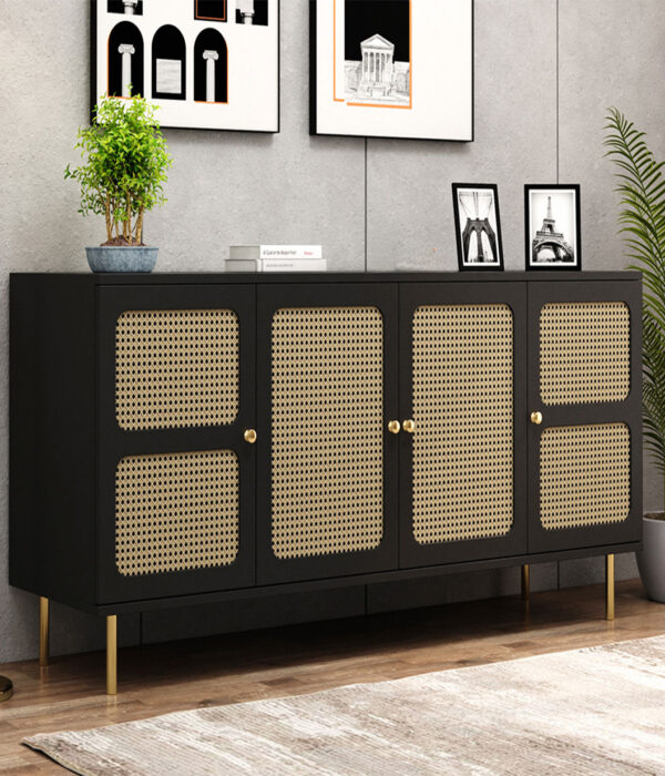 Resical Sheesham Wood with Cane Sideboard and Cabinet (Black Finish)