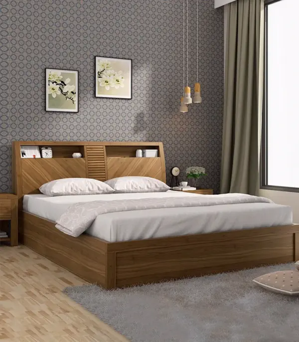 Casmo Sheesham Wood Queen Size Bed with Hydraulic Box Storage (Teak Finish)