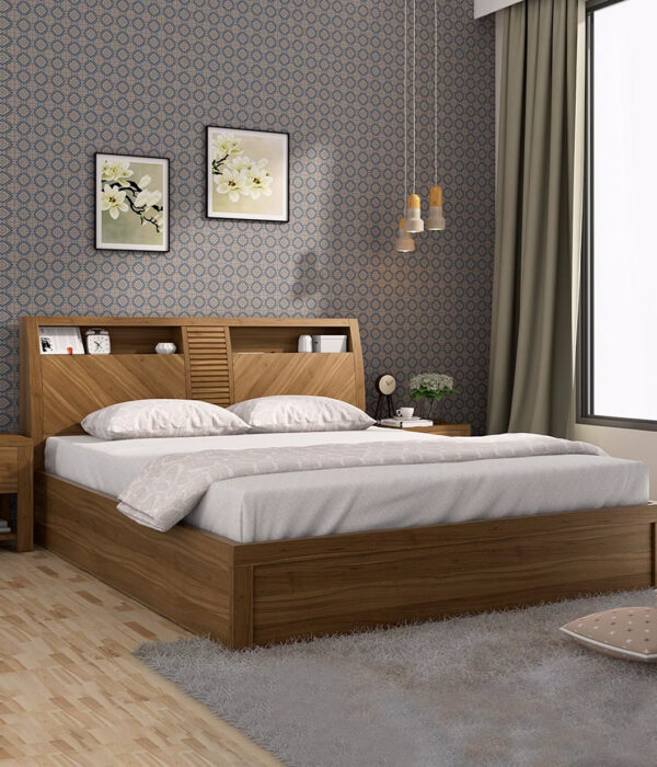 Casmo Sheesham Wood Queen Size Bed with Hydraulic Box Storage (Teak Finish)