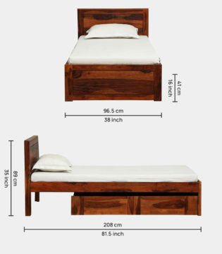 Newvo Sheesham Wood Single Bed with Drawer Storage (Honey Oak Finish) - Image 3