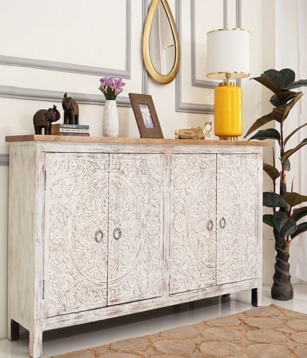 Roiley Carved Mango Wood Sideboard and Cabinet (White Finish)