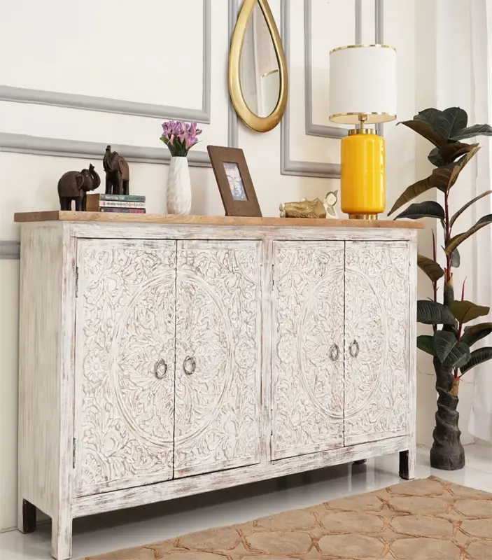 Roiley Carved Mango Wood Sideboard and Cabinet (White Finish)