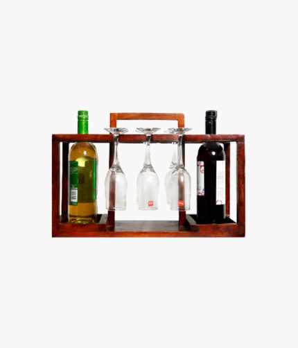 Dark Brown Table Top Wine Rack with Glass Holder and Handle