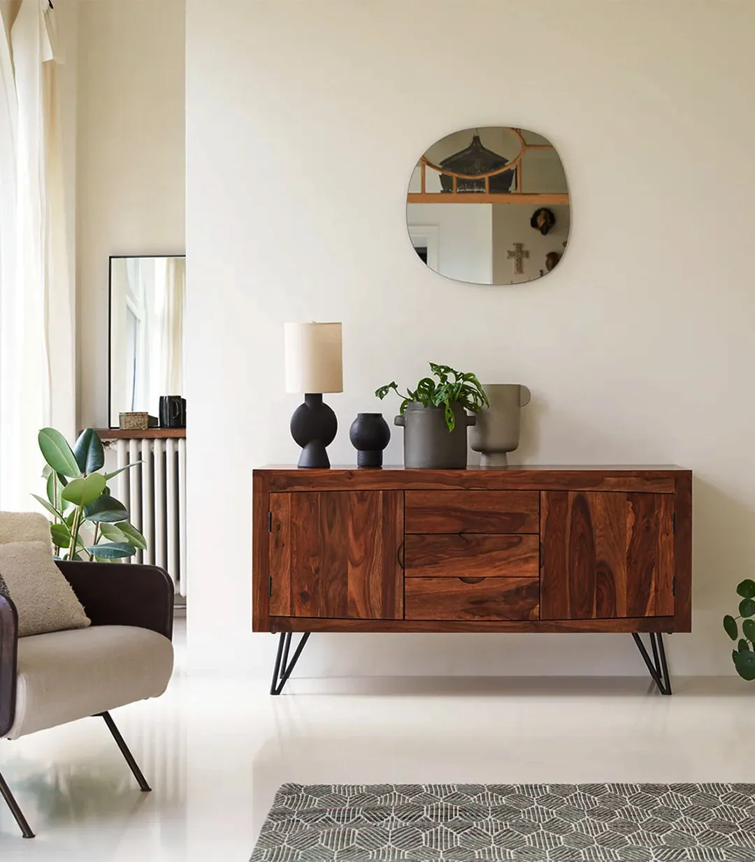 Bannie Solid Sheesham Wood Sideboard with Drawer Storage (Honey Finish)