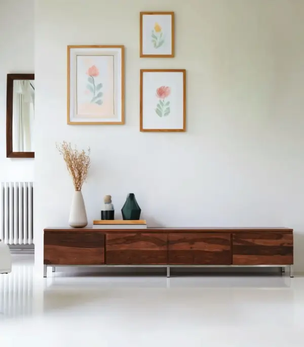 Enova Solid Sheesham Wood Floor Standing TV Unit (Honey Oak Finish)
