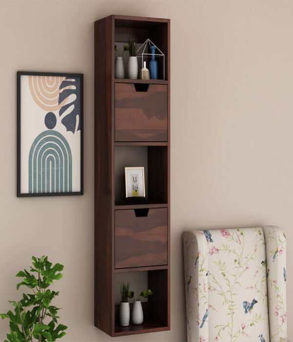 Sokyo Sheesham Wood Wall Shelf with Two Drawers Storage (Walnut Finish)
