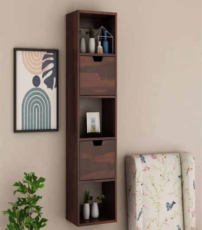 Sokyo Sheesham Wood Wall Shelf with Two Drawers Storage (Walnut Finish)