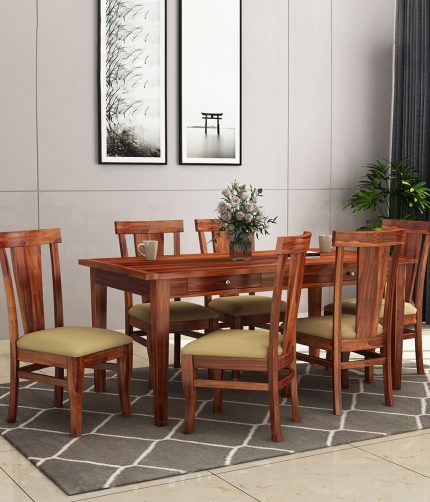 Mcboth Sheesham Wood Compact 6 Seater Dining Table Set with Storage (Honey Finish)
