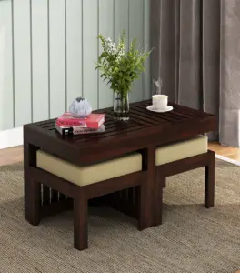 Spyrrow Sheesham Wood Center Table with Two Stools (Walnut Finish)