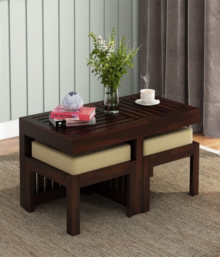 Spyrrow Sheesham Wood Center Table with Two Stools (Walnut Finish)