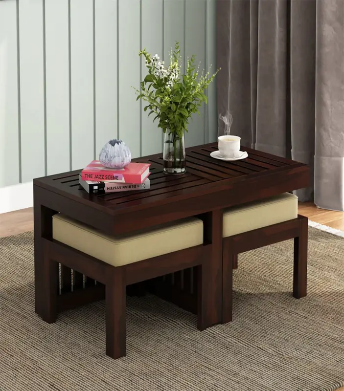 Spyrrow Sheesham Wood Center Table with Two Stools (Walnut Finish)