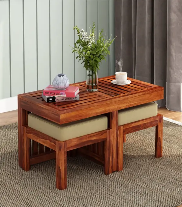 Spyrrow Sheesham Wood Center Table with Two Stools (Honey Finish)