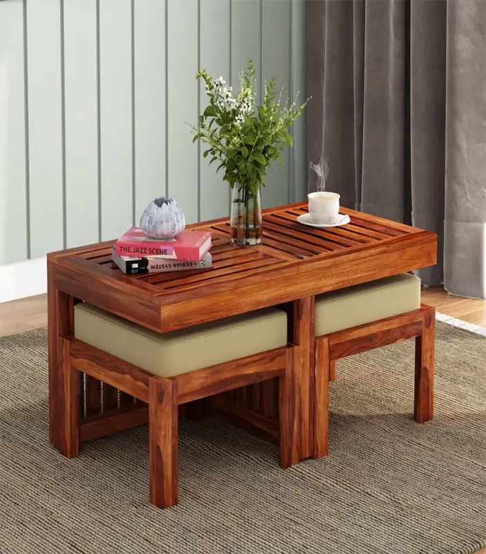 Spyrrow Sheesham Wood Center Table with Two Stools (Honey Finish)