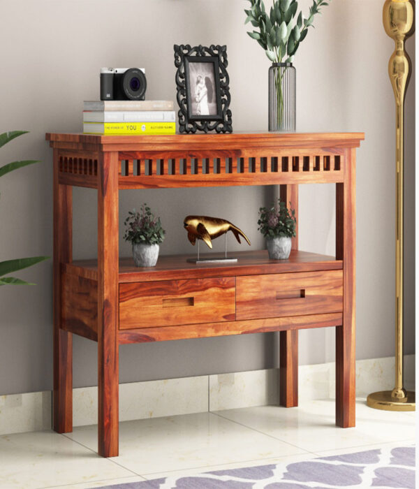 Rolph Sheesham Wood Console Table with Drawer Storage (Honey Finish)