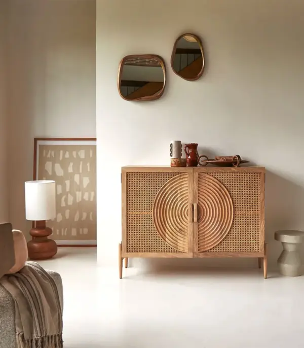 Syno Solid Mango Wood and Rattan Sideboard (Honey Finish)