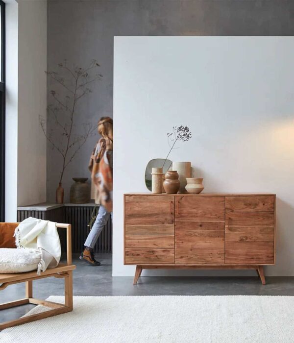 Ozlo Solid Acacia Wood Sideboard with Drawer Storage (Honey Finish)