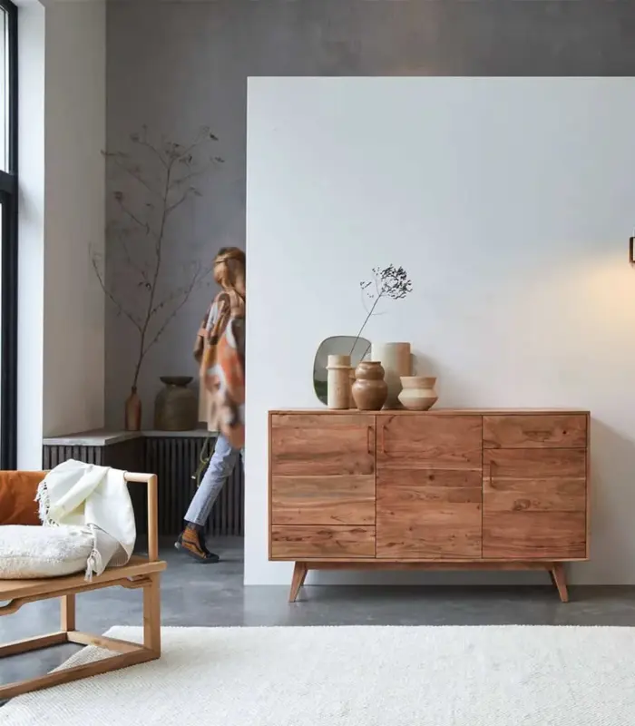 Ozlo Solid Acacia Wood Sideboard with Drawer Storage (Honey Finish)