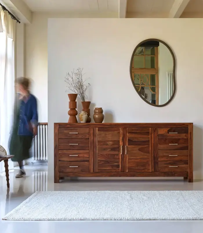 Maizzo Solid Sheesham Wood Sideboard with Drawer Storage (Honey Finish)