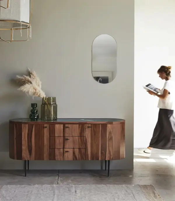 Zade Solid Sheesham Wood and Marble Top Sideboard with Drawer Storage (Honey Finish)