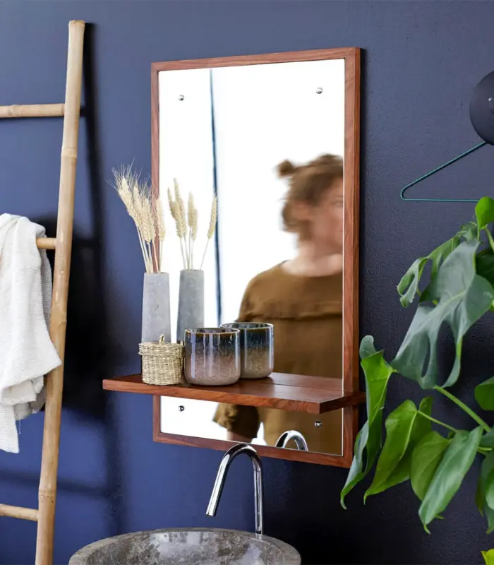 Gaylon Sheesham Wood Wall Mounted Mirror with Shelf Storage (Honey Finish)