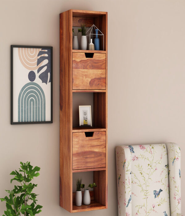 Sokyo Sheesham Wood Wall Shelf with Two Drawers Storage (Honey Finish)