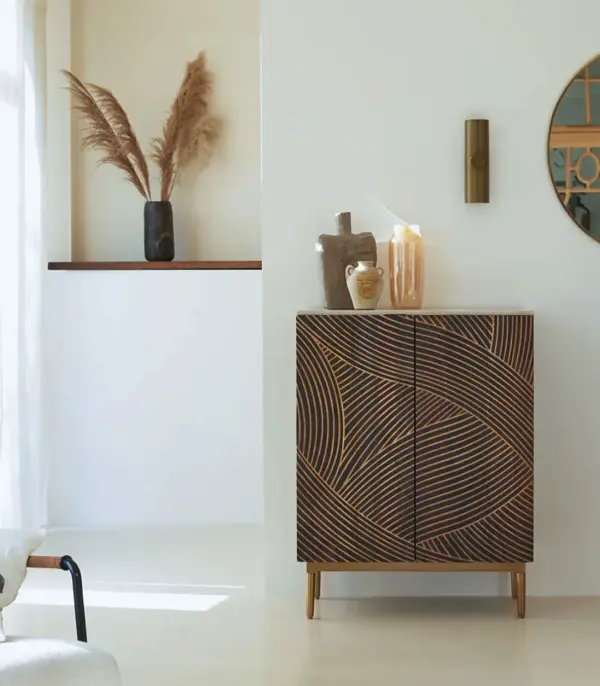 Bilosh Solid Mango Wood and Terrazzo Small Sideboard and Cabinet (Natural Finish)