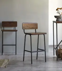 Calia Solid Sheesham Wood with Metal Legs Bar Chair (Natural Finish)