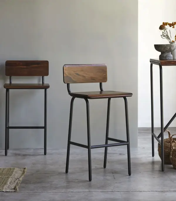 Calia Solid Sheesham Wood with Metal Legs Bar Chair (Natural Finish)