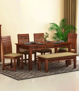 Arolph Sheesham Wood 6 Seater Dining Table Set with Bench (Honey Finish)