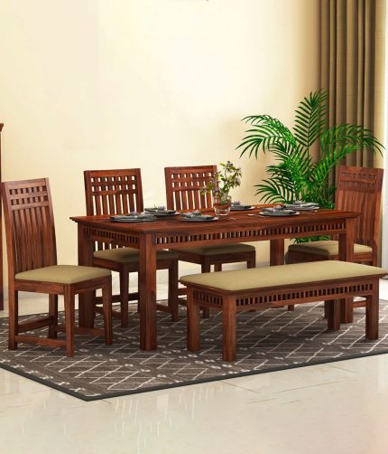 Arolph Sheesham Wood 6 Seater Dining Table Set with Bench (Honey Finish)