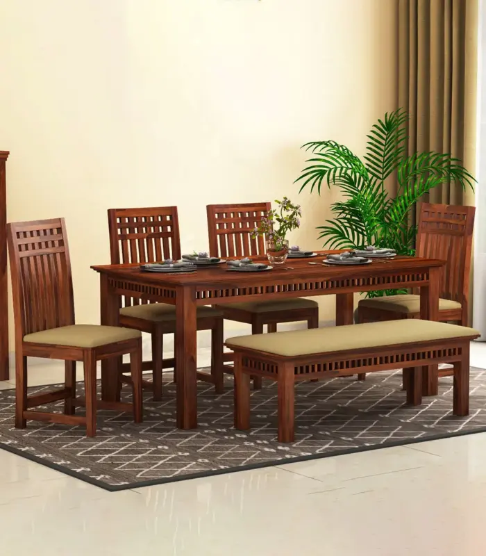 Arolph Sheesham Wood 6 Seater Dining Table Set with Bench (Honey Finish)