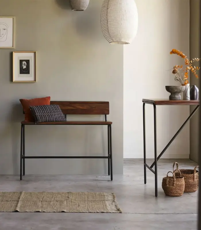 Calia Solid Sheesham Wood with Metal Legs Tall Bar Bench (Natural Finish)
