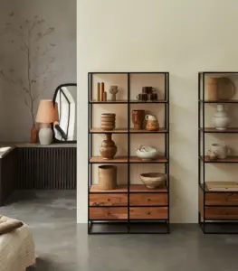 Lagra Solid Acacia Wood with Metal Frame Open Book Shelves Rack (Acacia Varnished)