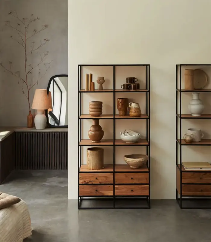Lagra Solid Acacia Wood with Metal Frame Open Book Shelves Rack (Acacia Varnished)
