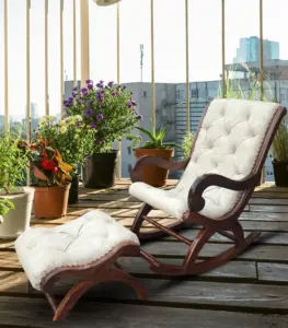 Natural Sheesham Wood Cream Cushion Rocking Chair with Stool (Melamine Finish)