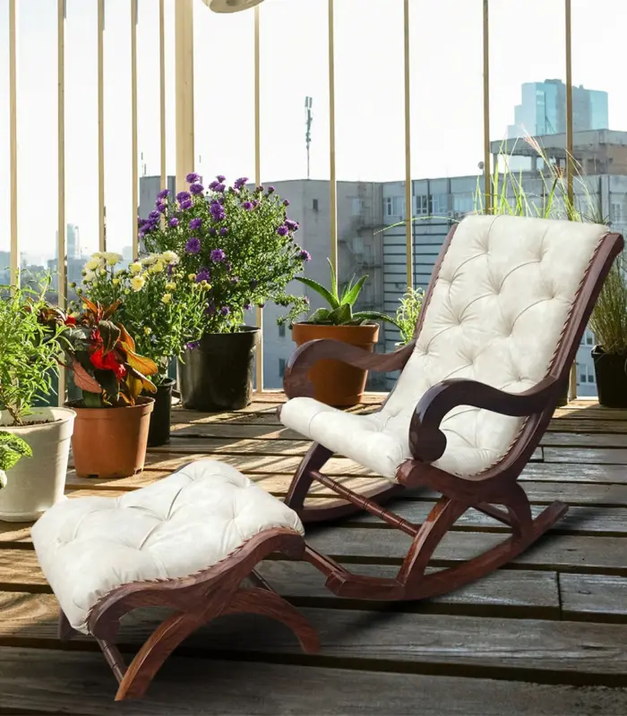 Natural Sheesham Wood Cream Cushion Rocking Chair with Stool (Melamine Finish)