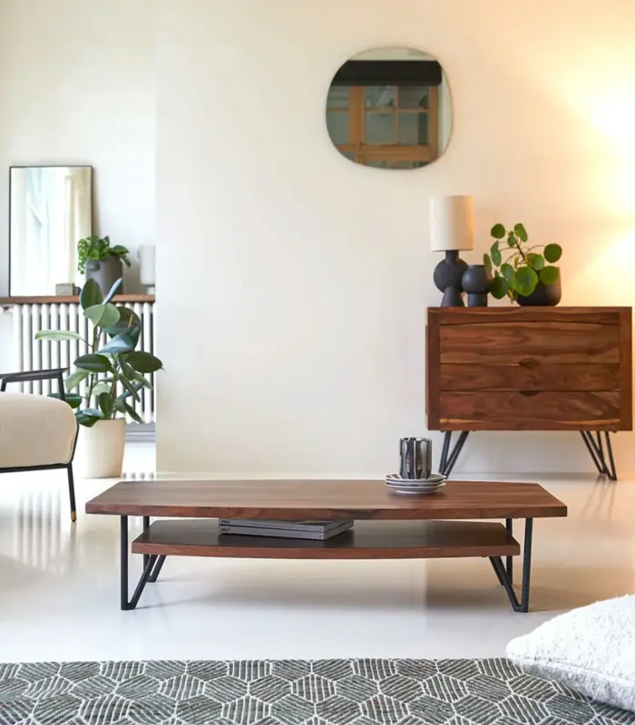Bannie Solid Sheesham Wood Coffee Table with Metal Legs (Natural Finish)