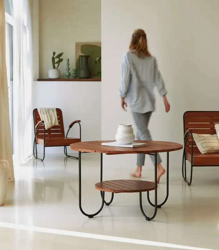 Kaiy Solid Slatted Acacia Wood Coffee Table with Metal Legs (Oiled Finish)