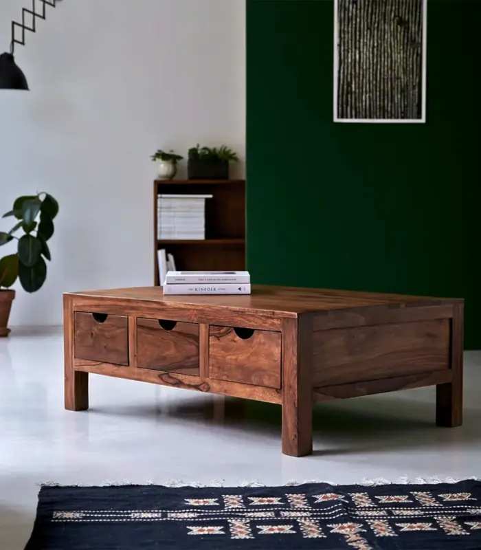 Oliver Solid Sheesham Wood Coffee Table with Drawers Storage (Natural Finish)