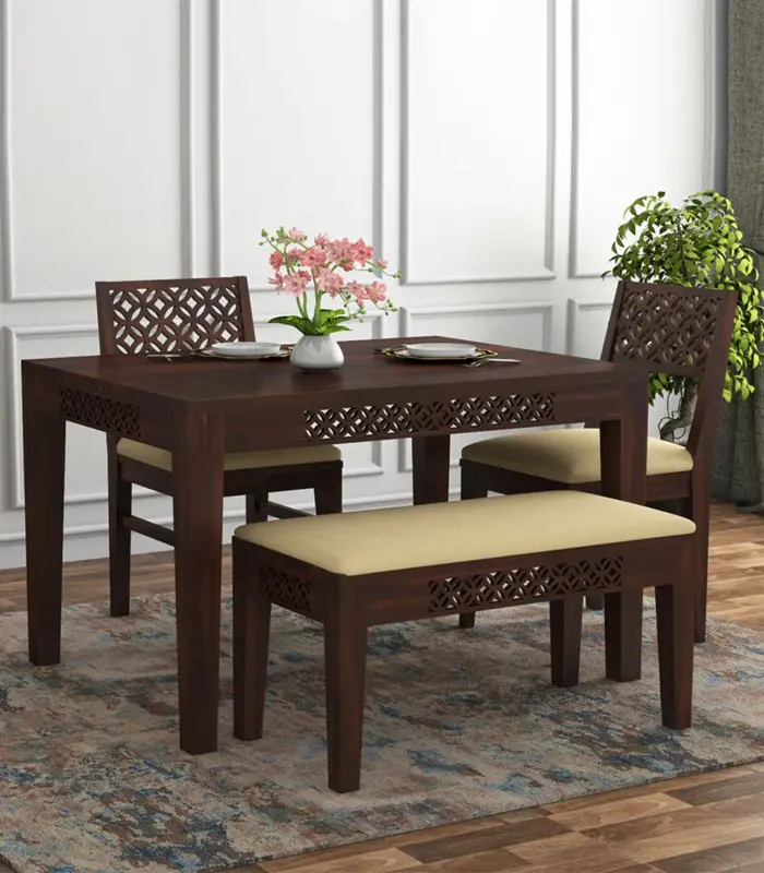 Clambrey Sheesham Wood 4 Seater Cushioned Dining Table Set with Bench (Walnut Finish)