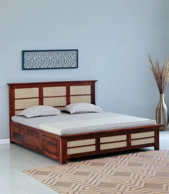 Adolf Sheesham Wood Queen Size Bed with Box Storage (Honey Oak Finish)