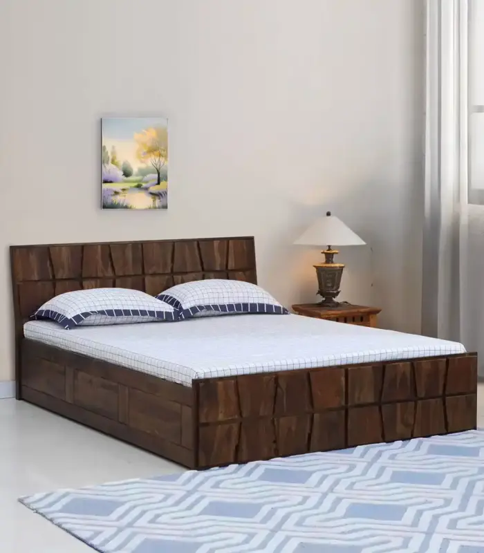 Almen Sheesham Wood Queen Size Bed with Box Storage (Teak Finish)