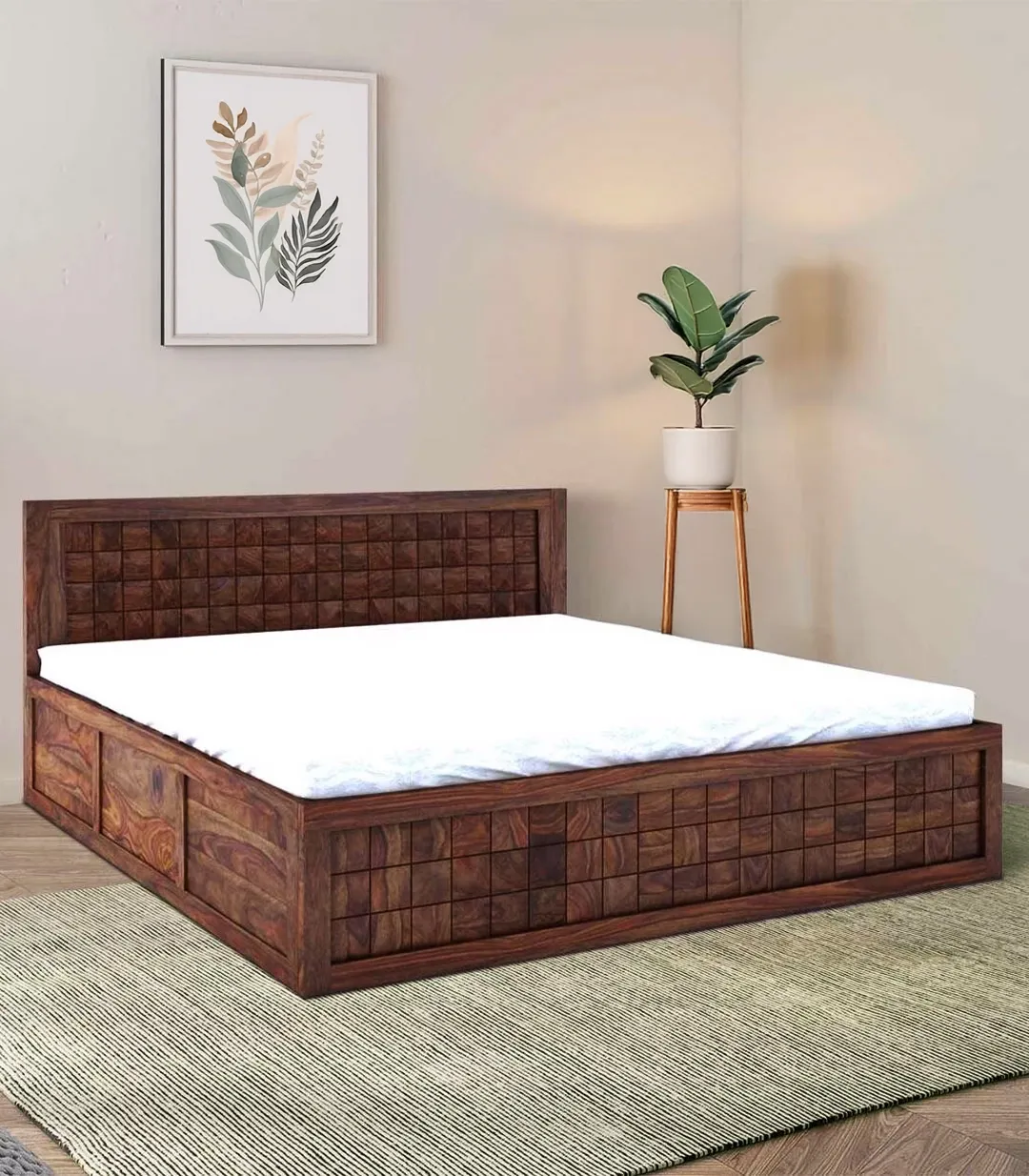Arcamia Sheesham Wood Queen Size Bed with Drawer Storage (Teak Finish)