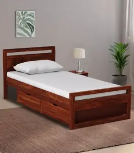 Avyan Sheesham Wood Single Bed with Drawer Storage (Provincial Teak Finish)