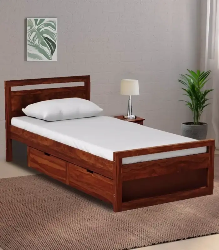 Avyan Sheesham Wood Single Bed with Drawer Storage (Provincial Teak Finish)