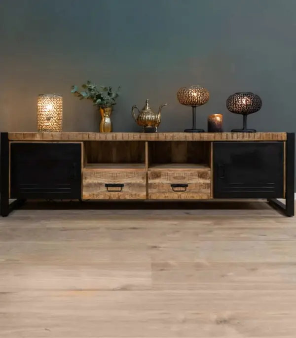 Duro Solid Mango Wood with Metal Frame Floor Standing TV Unit (Natural Finish)