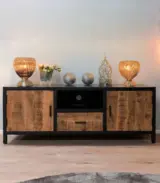 Fimake Mango Wood with Metal Frame Floor Standing TV Unit (Natural Finish)
