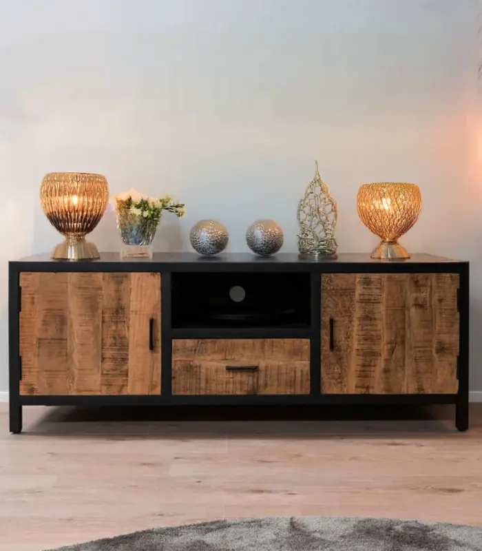 Fimake Mango Wood with Metal Frame Floor Standing TV Unit (Natural Finish)
